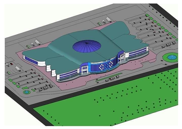 Architectural rendering of a large curved-roof complex surrounded by parking and landscaped grounds
